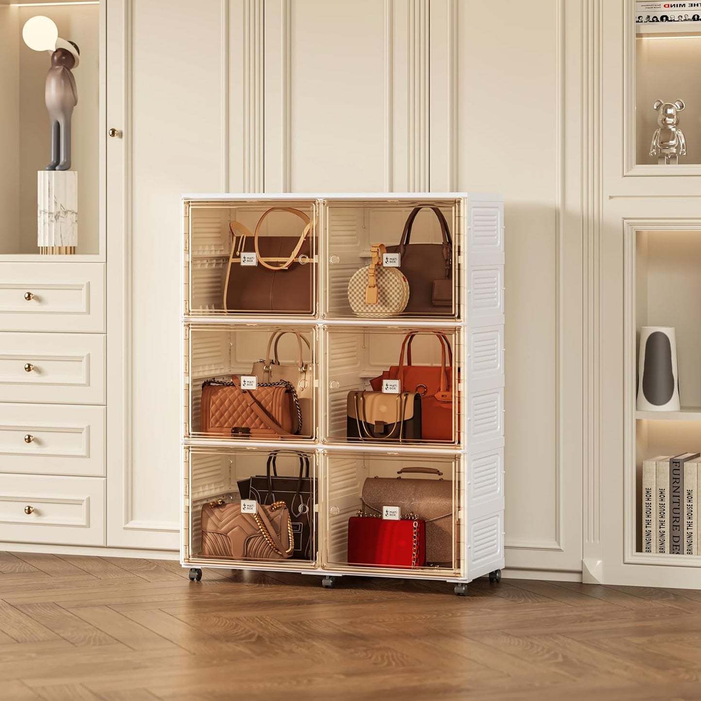 6 Cubbies Handbag Storage Organizer for Closet, Purse Organizer Cabinet with Magnetic Doors & Wheels, Foldable One-Piece Transparent Storage Box for Bags, Boots, Clothes, Toys, Books