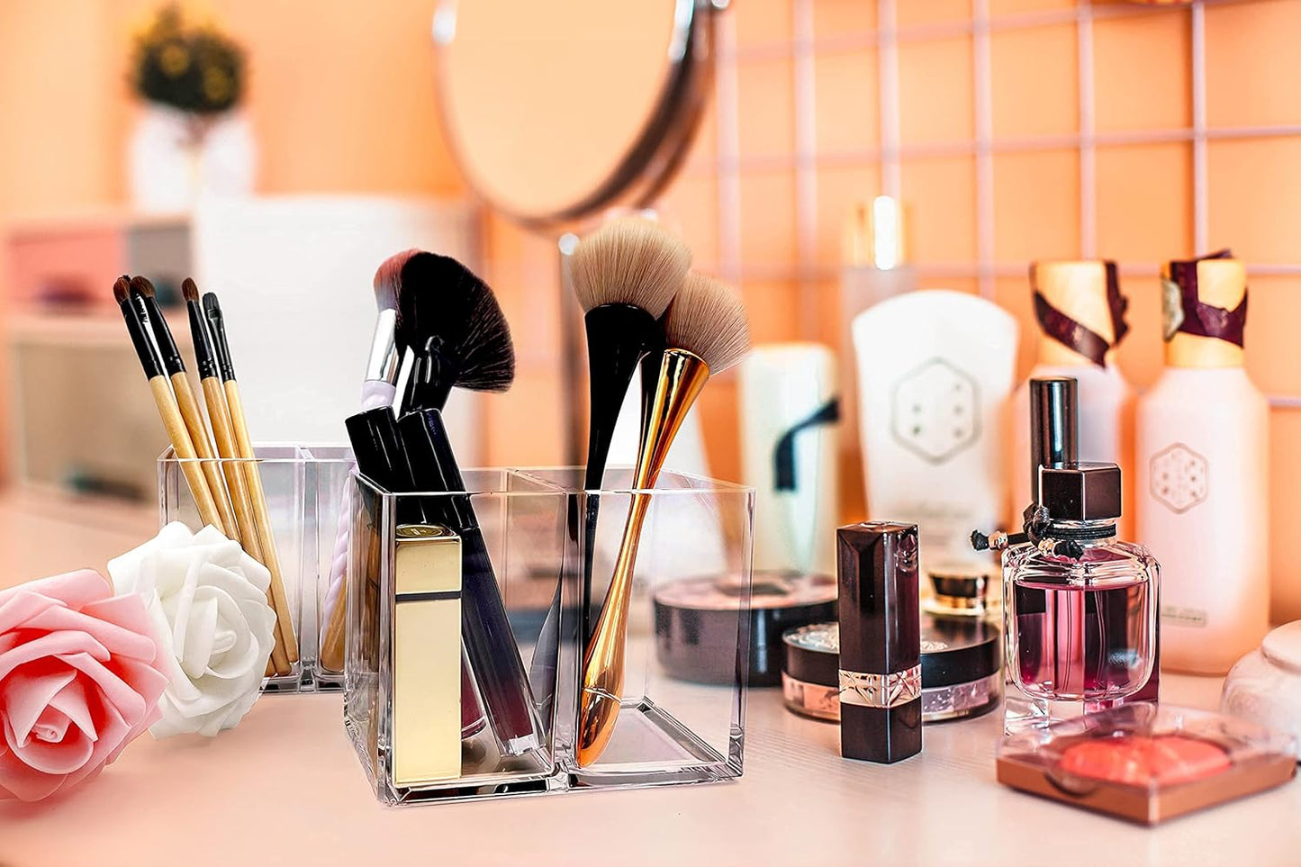 2pcs Makeup Brush Holder, Acrylic Clear Organizer For Cosmetics, Pen Pencil Cup Holder For Desk