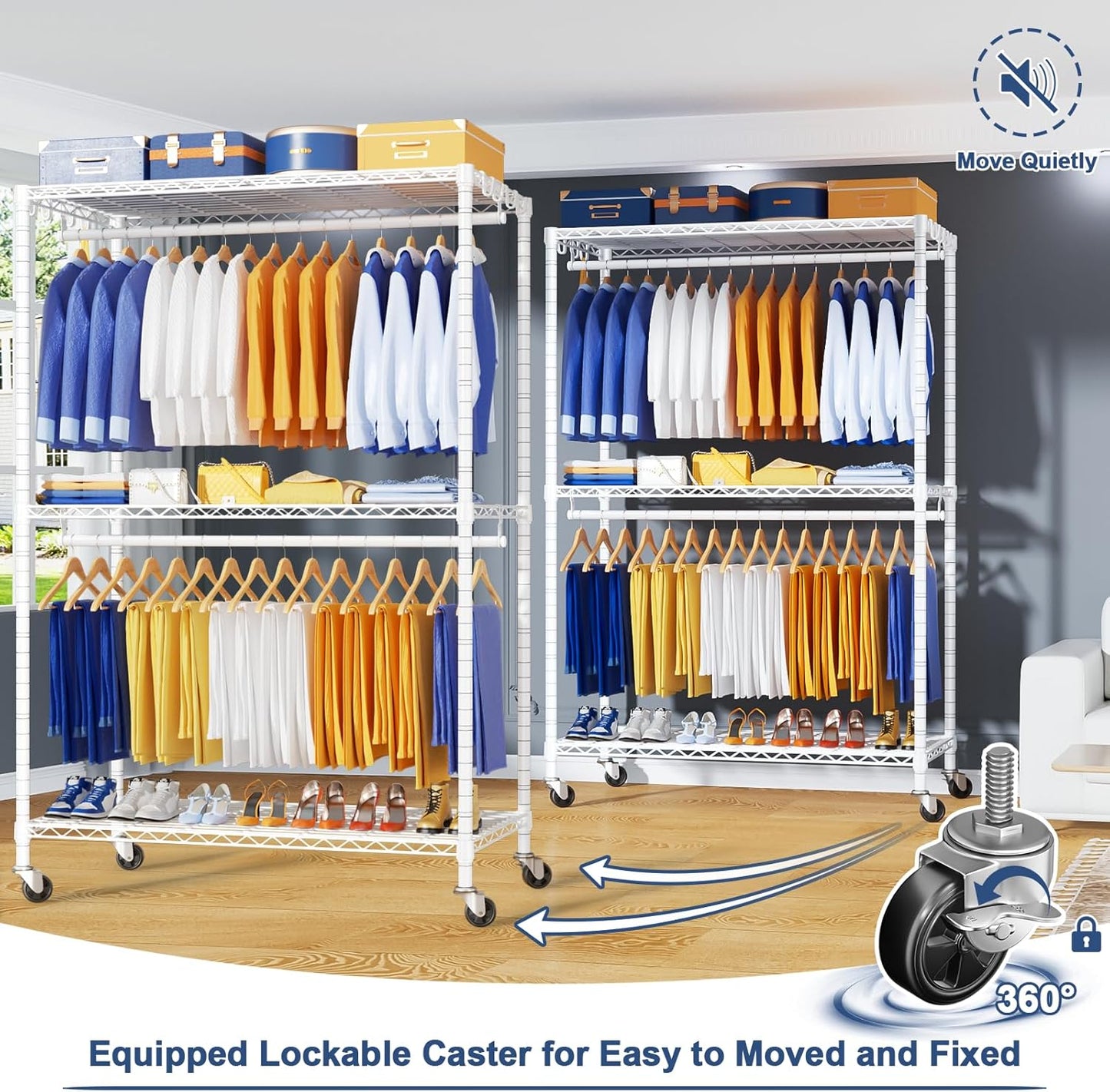 P8 Heavy Duty Clothes Rack（With Extended Width Design） Rolling Clothing Racks for Hanging Clothes，Portable Garment Rack with Lockable Wheels，51.2" W x 15.8" D x 80.5" H，Max Load 700LBS，White
