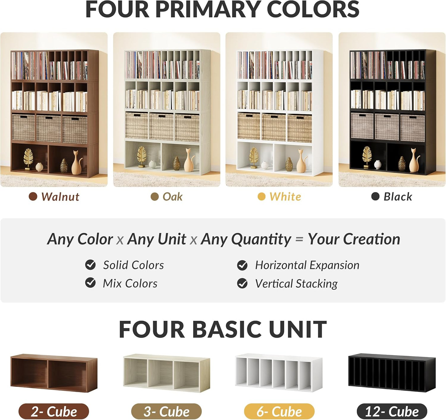 IOTXY DIY Modular Cube Bookcase - CubeXY Customizable Stackable Expandable Basic Shelving Units, 3-Cube Wooden Open Bookshelf for Fabric Storage Bin Organizer, Black