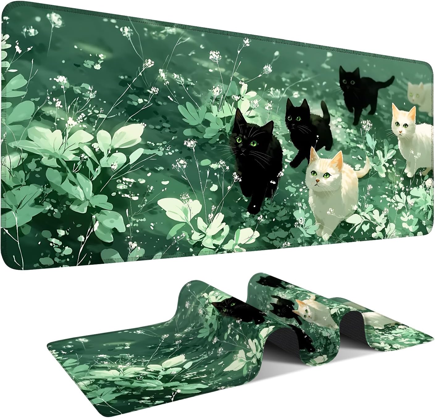 Large Mouse Pad, Cute Cat Gaming Mouse Pad Desk Mat, Non-Slip Base Extended Keyboard Mat, Thick 3mm Smooth Surface Mousepad for Office & Home, 35.5 x 15.8 Inch