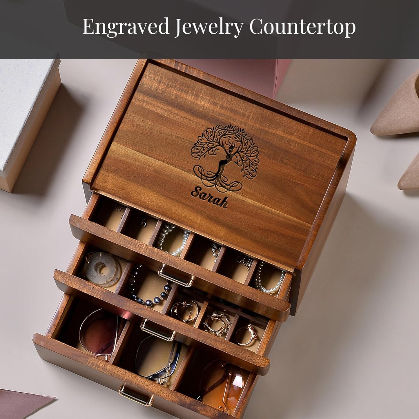 Shanik Personalized Wooden Jewelry Box for Women – Large Three-Drawer Organizer with Compartments for Rings, Necklaces & Earrings