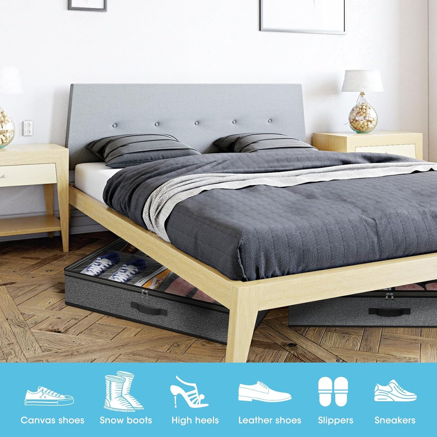 2 Pack Under Bed Shoe Storage Organizer for Closet, Fits Total 24 Pairs Foldable Underbed Shoes Containers Boxes Under the Bed Storage Bedding with Sturdy Handles&Clear Window for College Dorms, Grey