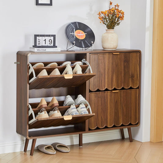 ORRD Shoe Storage Cabinet for Entryway with 4 Flip Drawers, Freestanding Narrow Wood Shoe Cabinet with Wave Panel, Hidden Shoe Organizer for Foyer, Hallway (Walnut)