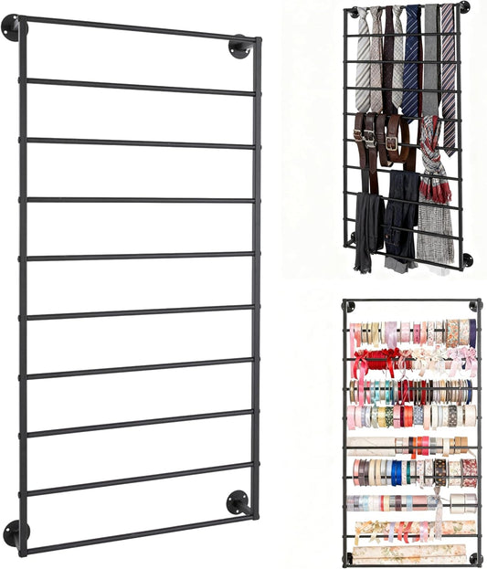 10-Layer Wall Mounted Display Rack, Wrapping Paper Ribbon Organizer Scarves Tie & Scarf Rack Belts Towel Holder Necktie Hijab Stand Metal Shelving for Home, Retail Stores, Flower Shop