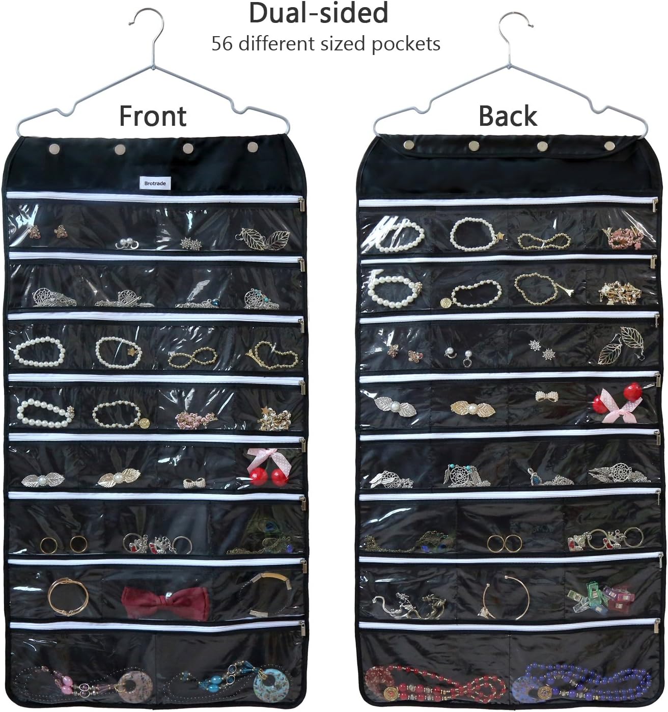 BB Brotrade Hanging Jewelry Organizer,Accessories Organizer,56 Zipper Pocket Organizer for Holding Jewelries (Black-Zipper)