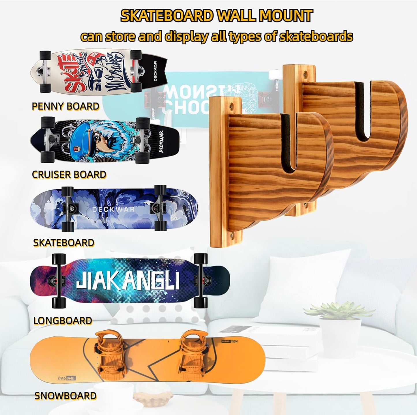 BiJun Skateboard Wall Mount, Snowboard Wall Mount Display, Acrylic Horizontal Skateboards Rack, Skateboard Storage Hanger (Retro)