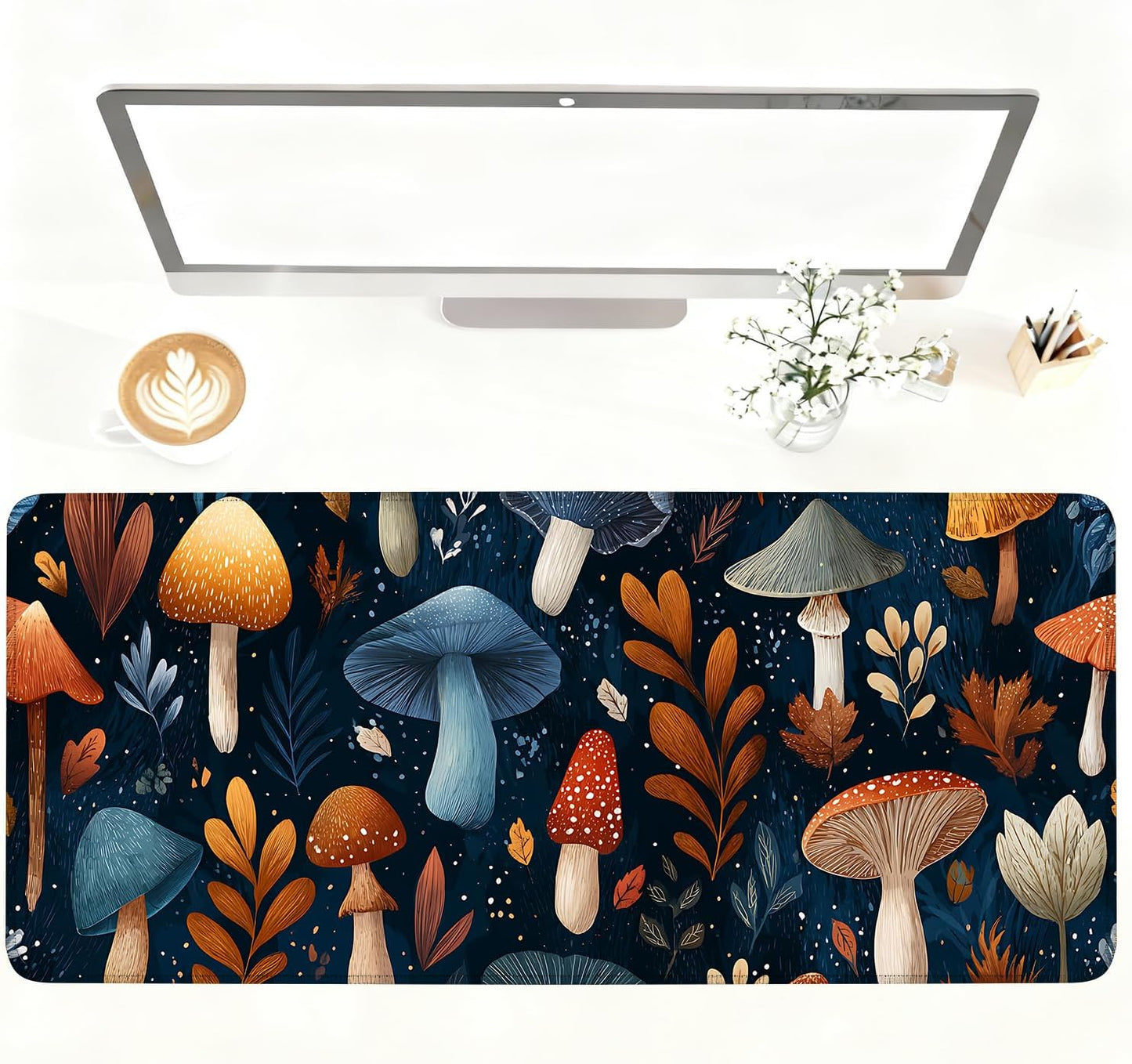 Mushroom Forest Mouse Pad – Large Extended Desk Mat 35.43 x 15.75 in – Autumn Woodland Fungi Illustration, Waterproof Surface, Non-Slip Rubber Base, Keyboard & Mouse Pad for Nature Lovers