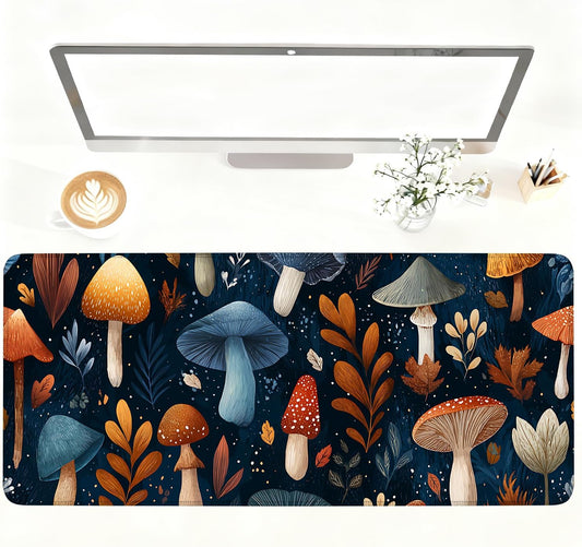 Mushroom Forest Mouse Pad – Large Extended Desk Mat 35.43 x 15.75 in – Autumn Woodland Fungi Illustration, Waterproof Surface, Non-Slip Rubber Base, Keyboard & Mouse Pad for Nature Lovers