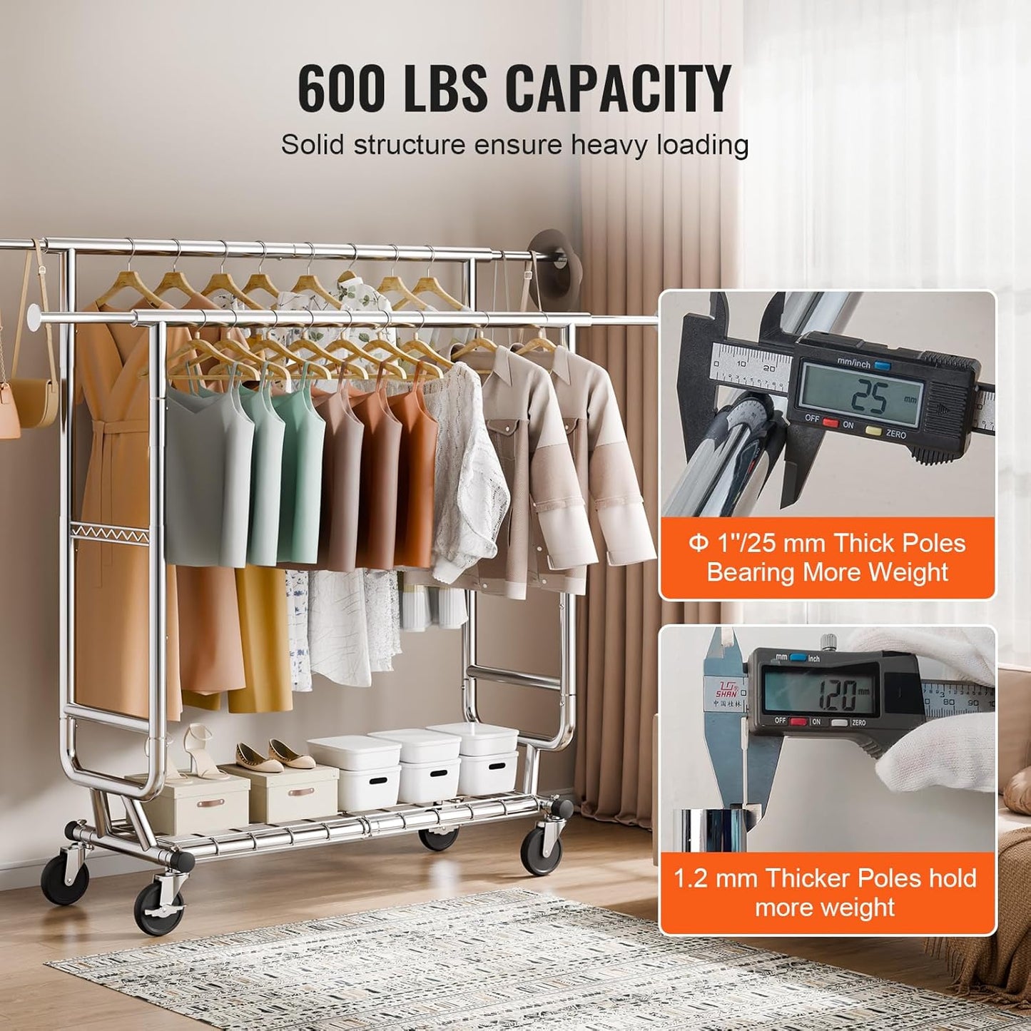 VEVOR Clothes Rack, Rolling Clothing Garment Rack, Extendable Carbon Steel Clothing Racks with Wheels for Bedroom, Laundry, Living Room