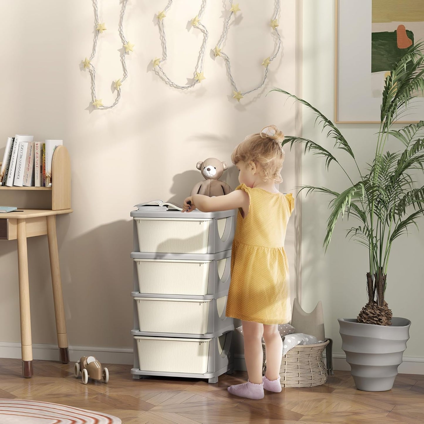 Qaba 4 Tier Kids Storage Unit, 4 Drawer Chest Toy Organizer Plastic Bins for Kids Bedroom Nursery Kindergarten Living Room for Boys Girls Toddlers, Cream White
