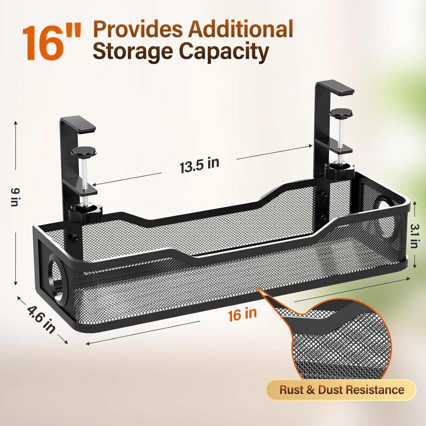 [Upgraded] Under Desk Cable Management Large, Cinati 16" Cable Management Box for Table Thickness up to 3", Wire Cord Organizer with Clamp No Drill, No Damage to Desk(Black)