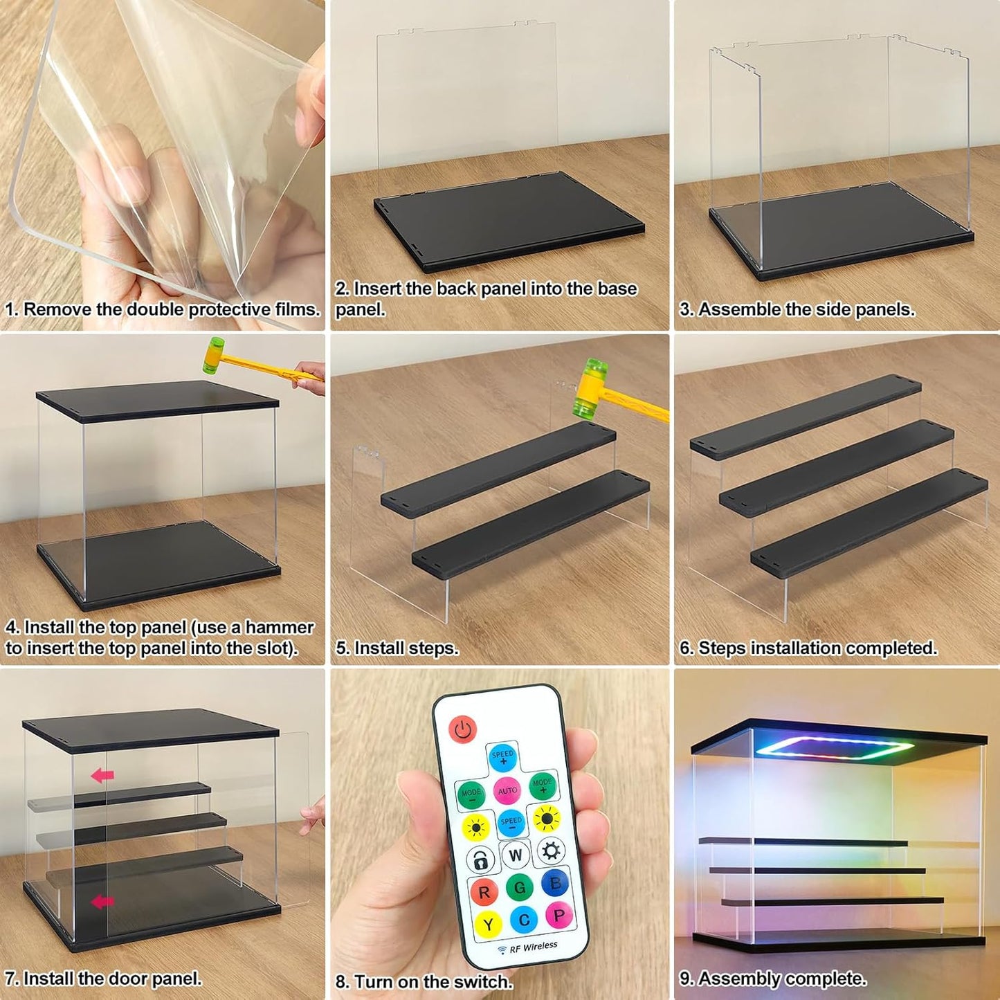 NONEMEY Clear Acrylic Display Case with Light ,3/4/5/6 Tier Multiple Color Lights via Remote Control Dustproof Display Box for Collectibles Figures Mini Toys (3Tier 12.4*7*9inch)