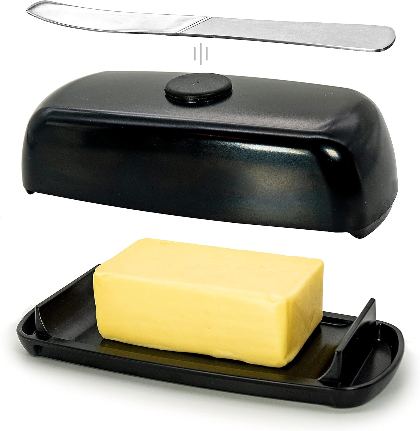 Butter Hub Extra Large Butter Dish with Lid and Knife, European Size Magnetic Butter Keeper, Easy Scoop, No Mess Lid, Plastic, Dishwasher Safe (Black)