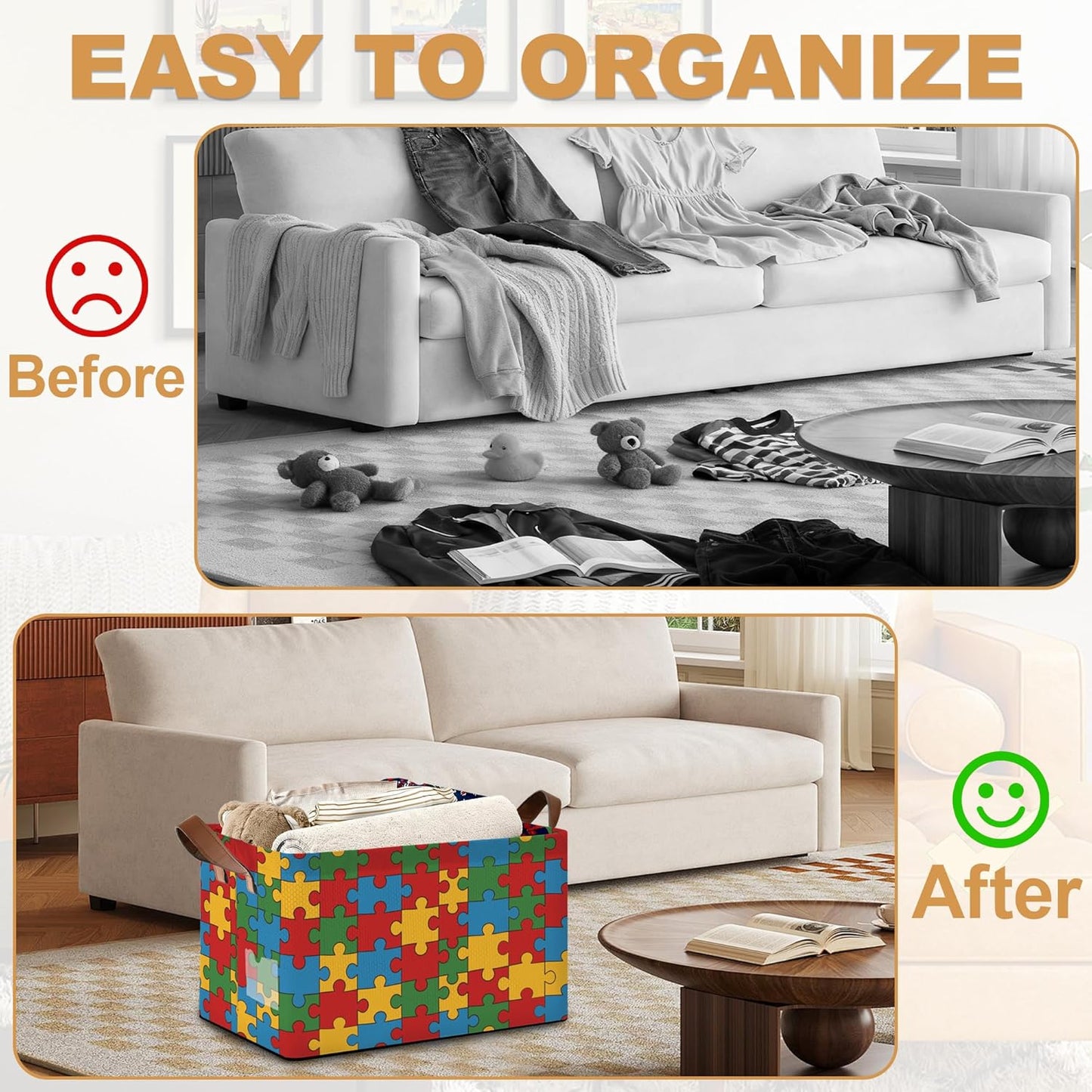 Jigsaw Storage Bins with Handles, Collapsible Storage for Clothes, Gift Basket, Blankets & Closet Organization