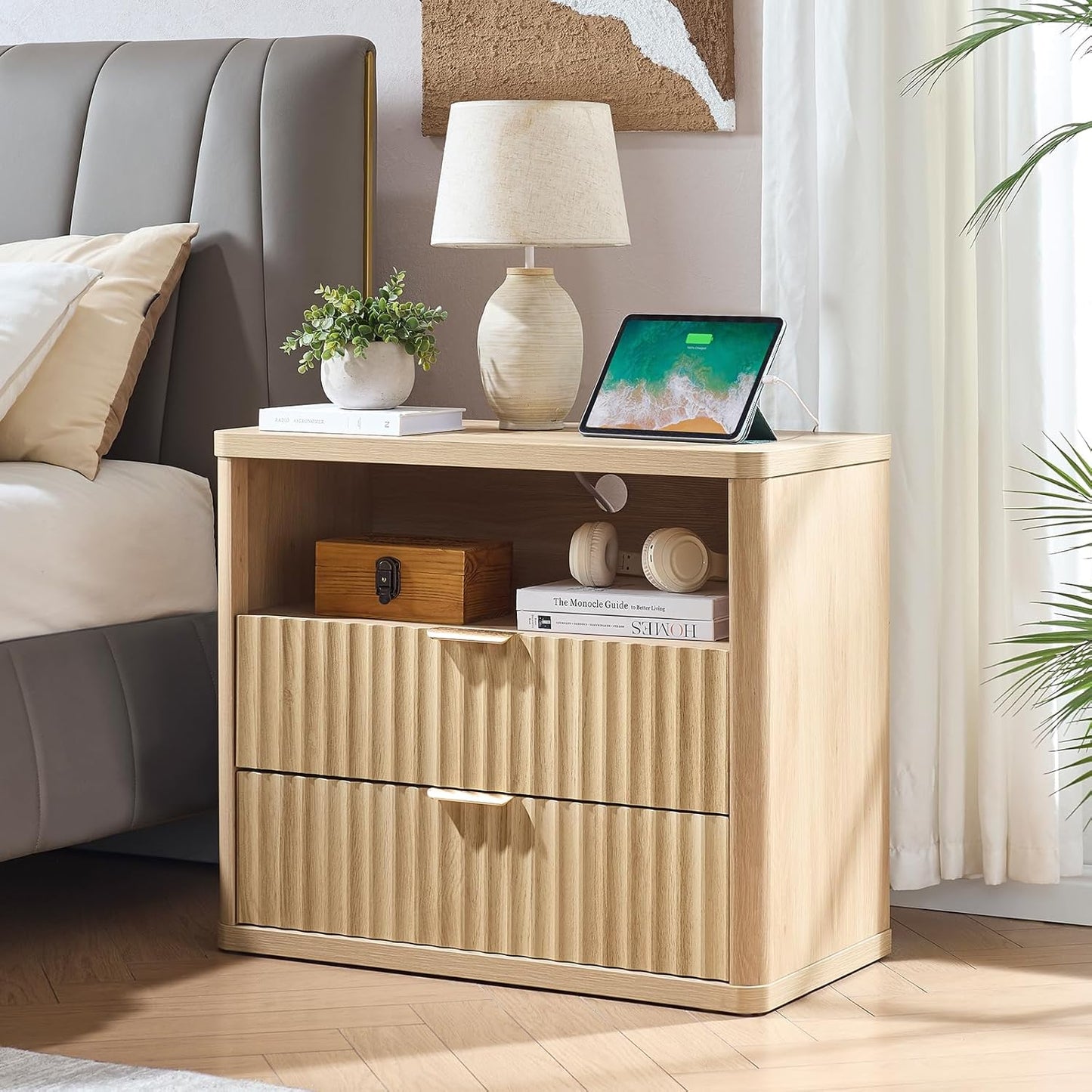 LEYAOYAO 31" Wide Fluted Nightstand with Charging Station, Oversized Extra Large 2 Drawers Night Stand,Natural Wood Bedside Table,Tall Bed Side End Tables,Modern Chest of Drawers Dressers for Bedroom