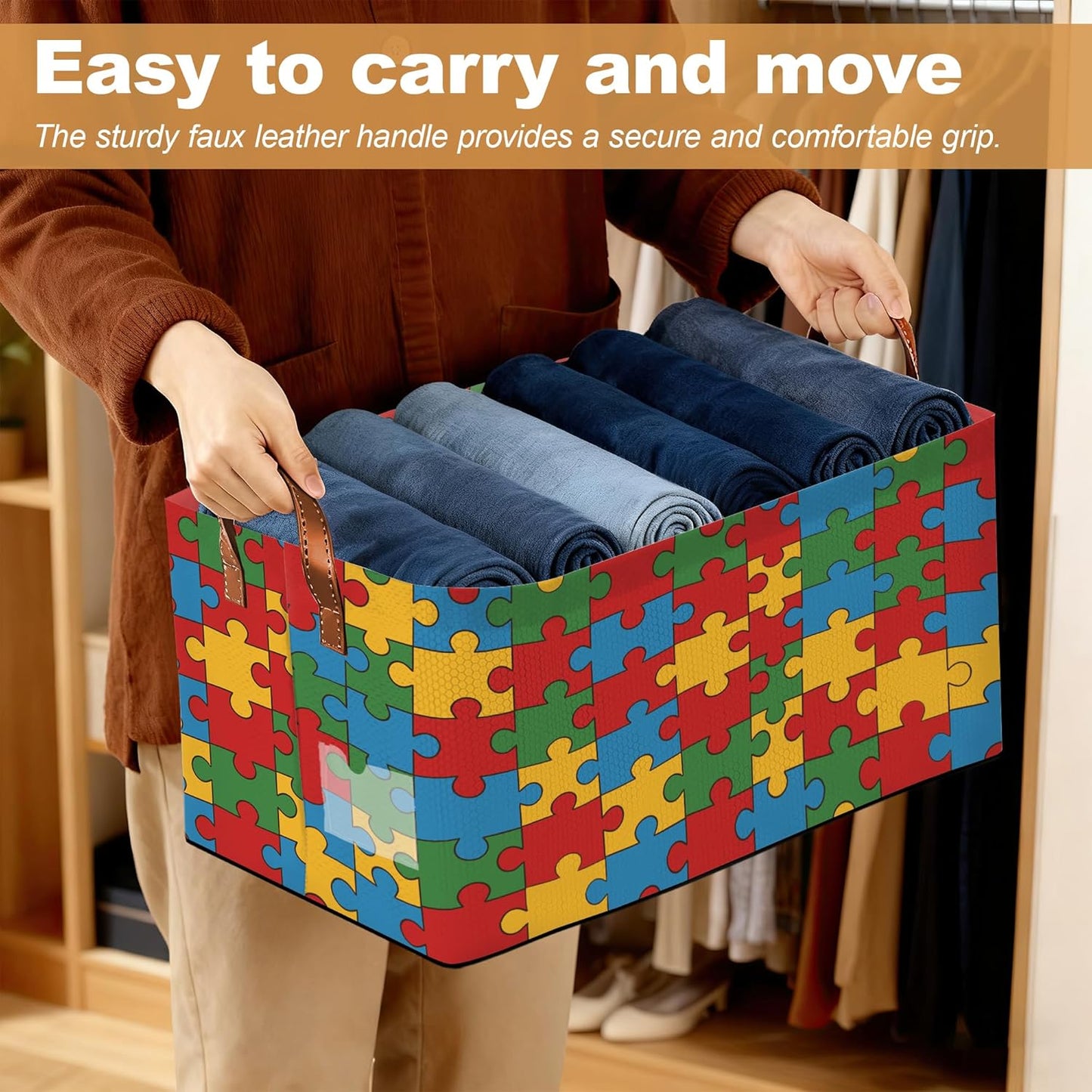 Jigsaw Storage Bins with Handles, Collapsible Storage for Clothes, Gift Basket, Blankets & Closet Organization