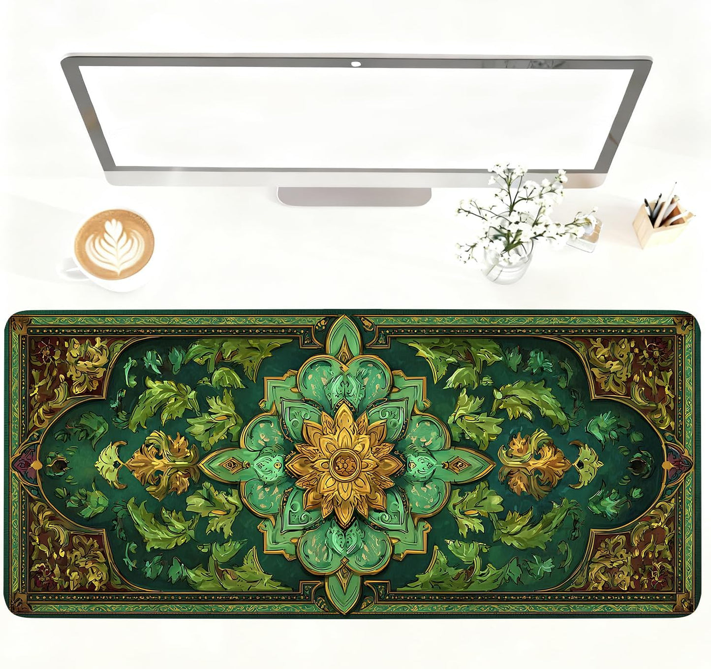 Green Vintage Floral Mouse Pad – Large Extended Desk Mat 35.43 x 15.75 in – Ornate Oriental Carpet Design with Gold & Emerald Motif, Waterproof Surface,Keyboard & Mouse Pad for Office & Home