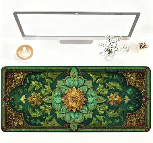 Green Vintage Floral Mouse Pad – Large Extended Desk Mat 35.43 x 15.75 in – Ornate Oriental Carpet Design with Gold & Emerald Motif, Waterproof Surface,Keyboard & Mouse Pad for Office & Home