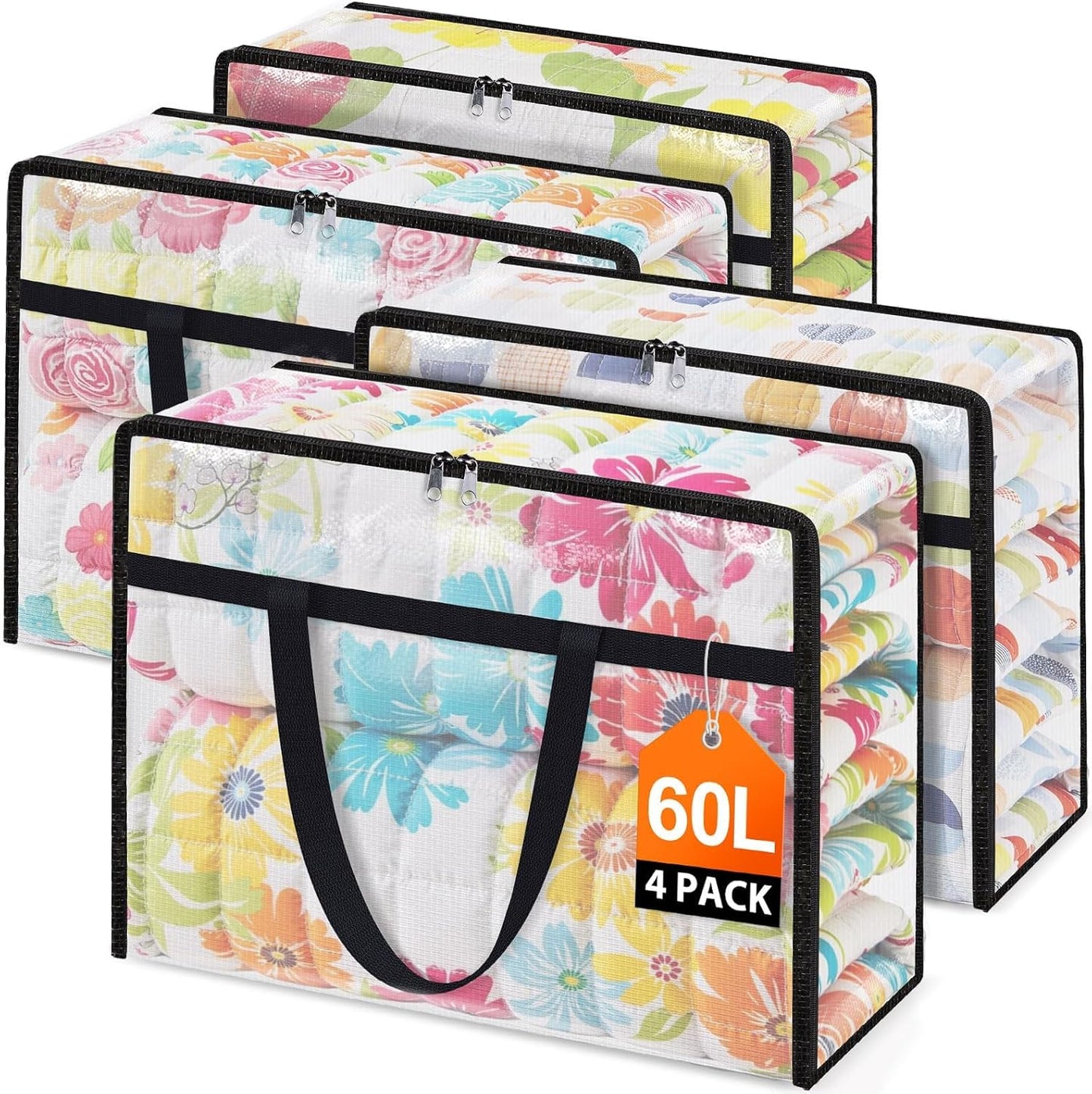Clear Under Bed Storage Containers - 4 Pack Large Capacity Clothes Storage Bags with Lid & Sturdy Handles, Foldable Moving Bags, Clothing Organizer Totes for Bedding, Comforter, Sheet（60 L）