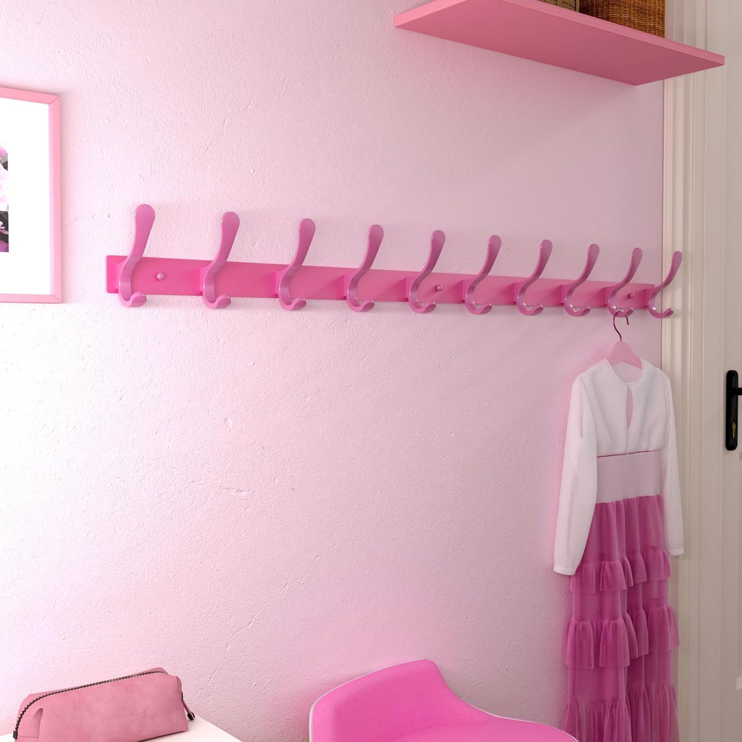 SKOLOO Coat Rack Wall Mounted - 10 Hooks, Heavy Duty, Stainless Steel, Metal Wall Hanger, Sturdy Coat Hooks for Hanging Coats, Jackets, Clothes, Hats - Pink