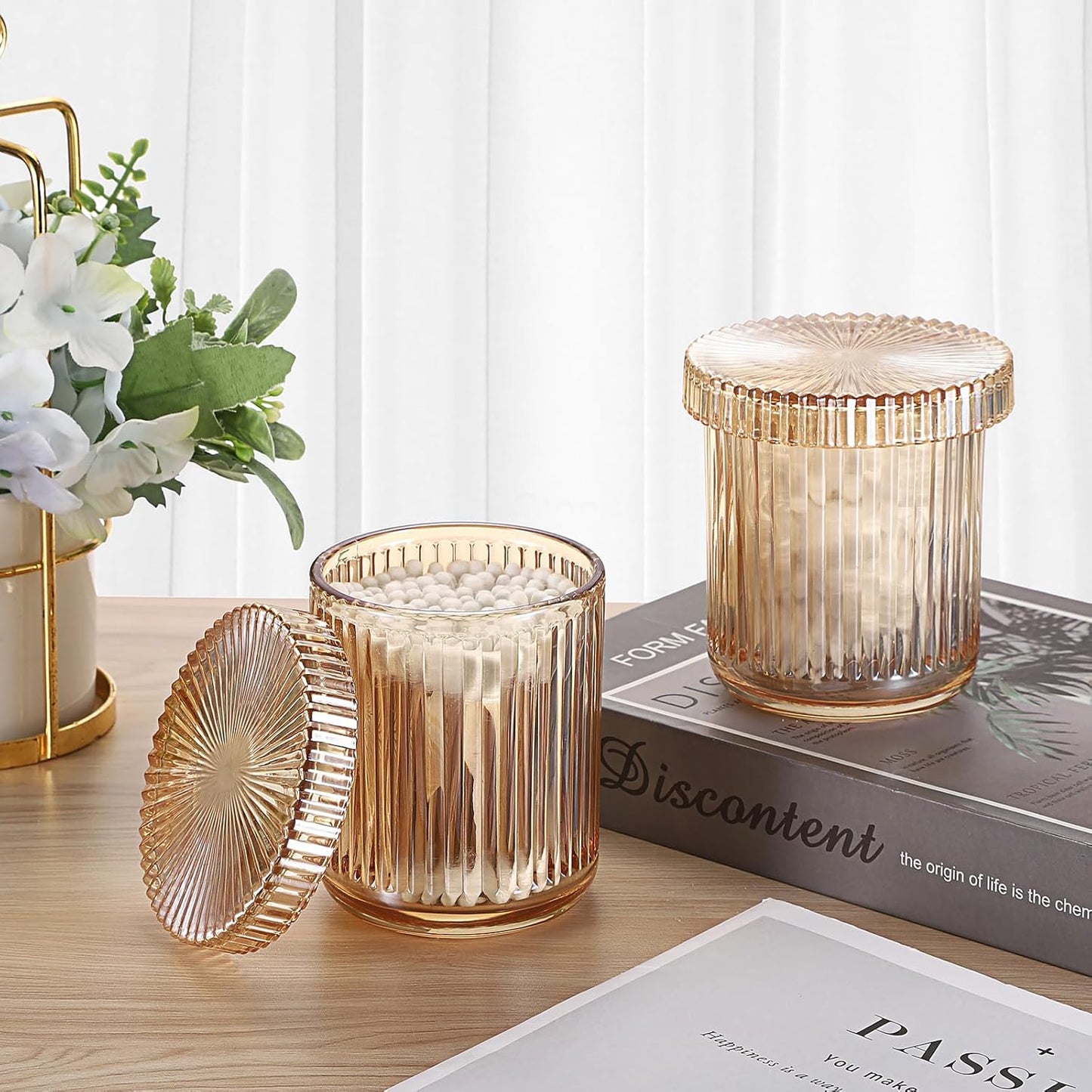 2 Pack Glass Qtip Holder with Lid, Qtip Dispenser Bathroom Storage Jars- Glass Apothecary Jars for Cotton Ball, Swab, Pads, Floss Picks, Bathroom Accessories Organization and Vanity Organizer (Amber)