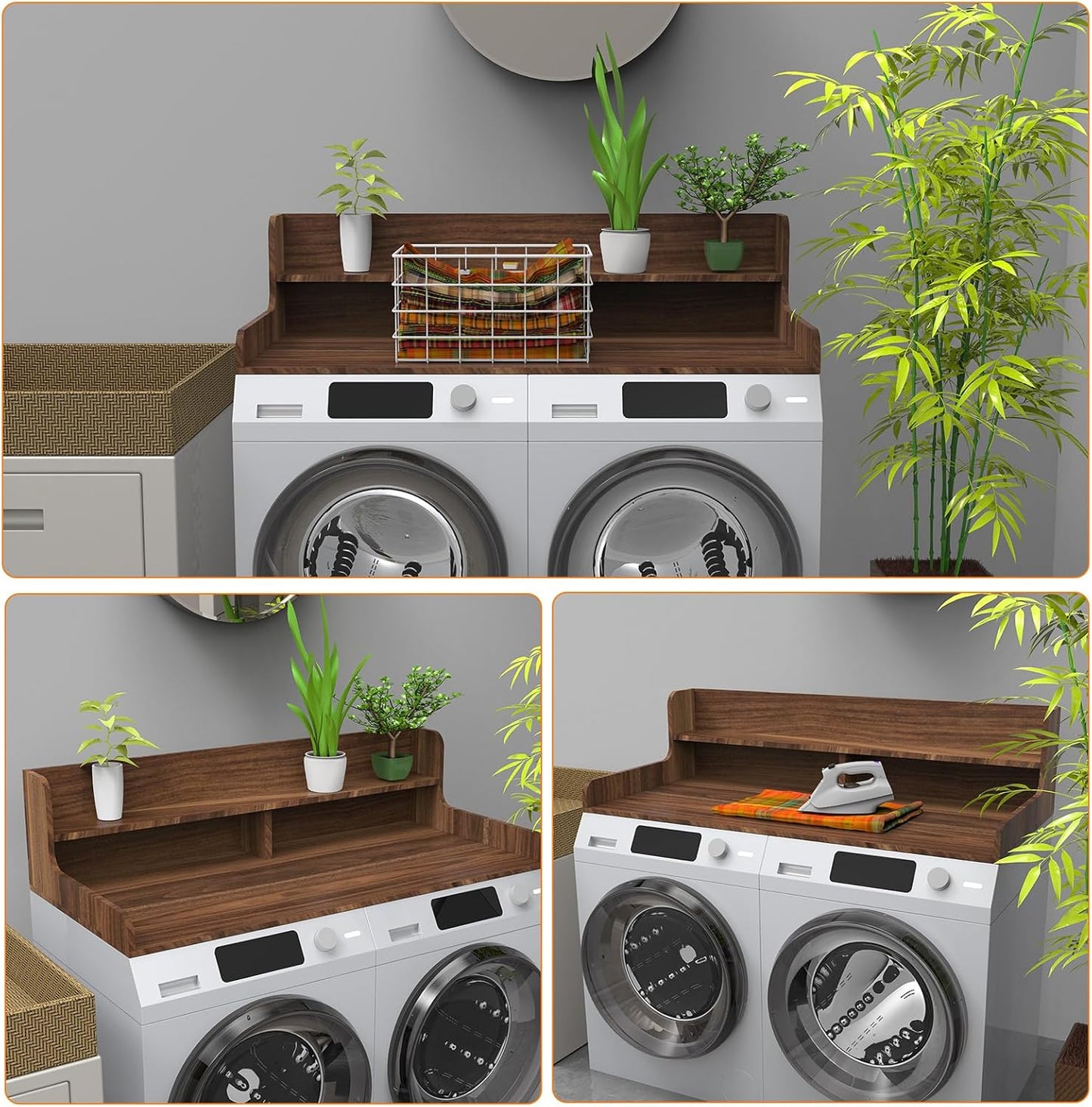 2-Tier Washer Dryer Countertop, Wood Laundry Countertop with Edge, 54" x 27.5" Top Cover for Laundry Machine, Washer and Dryer Wood Shelf Topper for Laundry Room Counter Storage Organization, Walnut