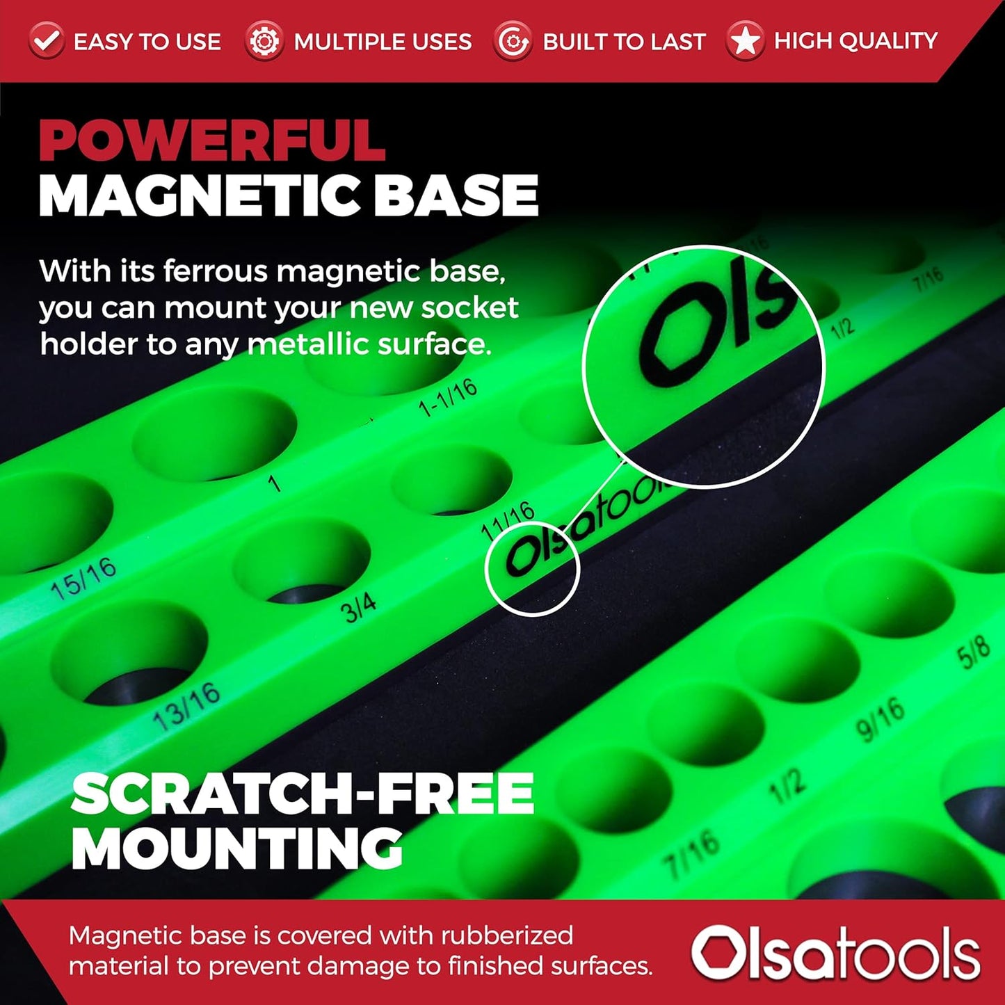 Olsa Tools Magnetic Socket Organizer | 3 Piece Socket Holder Kit | 1/2-Inch, 3/8-Inch, & 1/4-Inch Drive | SAE Green | Holds 68 Sockets | Professional Quality Tools Organizer
