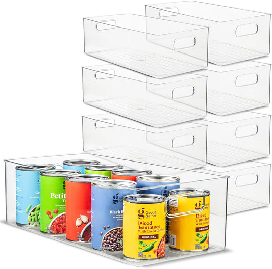 primebox Plastic Food Storage 8 Pack Clear Container Bin with Handles for Organizing Kitchen, Pantry, Refrigerator, Freezer, Pantry, Cabinet, Closet, Bathroom. 16”x8”x5”