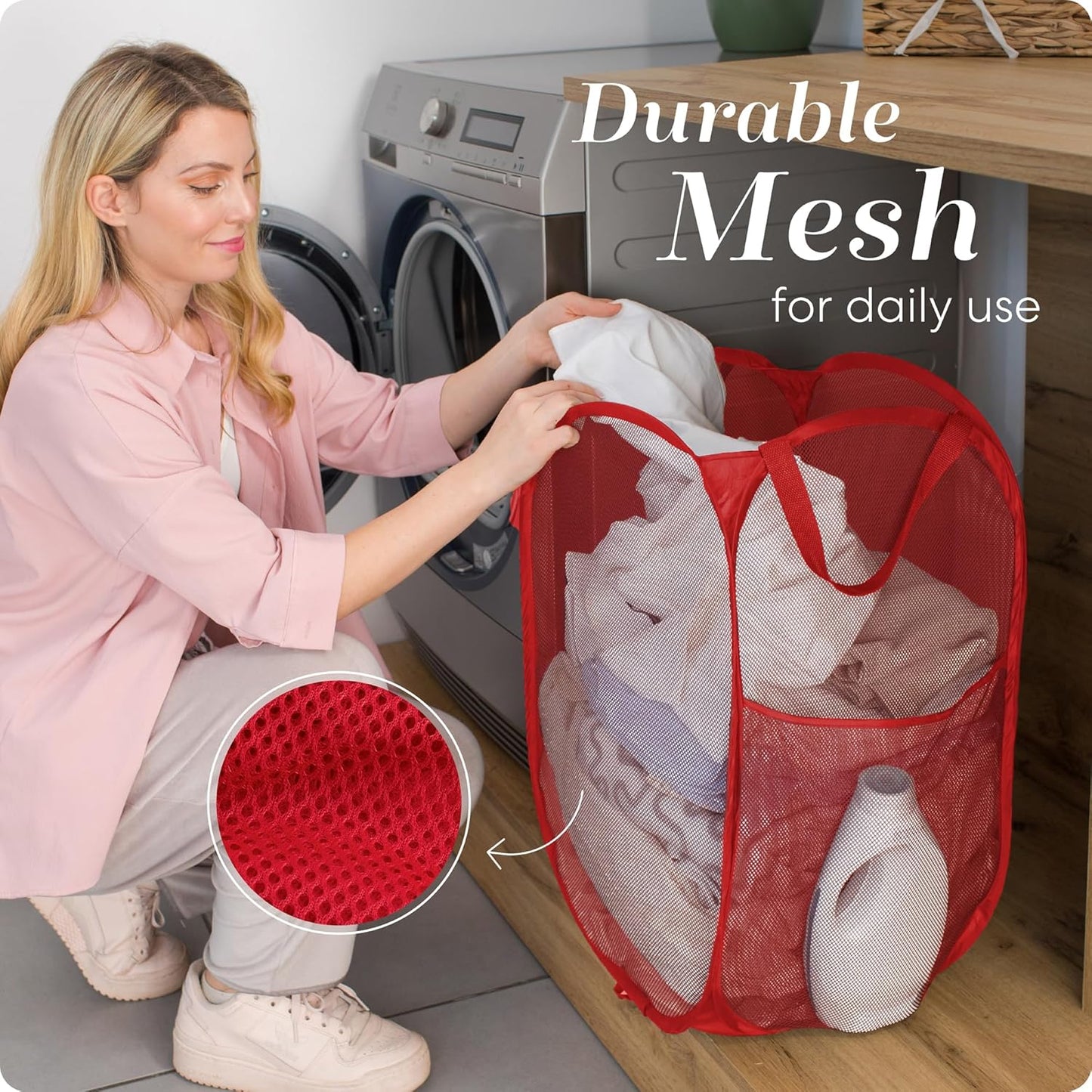 Handy Laundry Collapsible Mesh Pop Up Hamper with Wide Opening and Side Pocket - Breathable, Sturdy, Foldable, and Space-Saving Design for Clothes and Storage (Red)