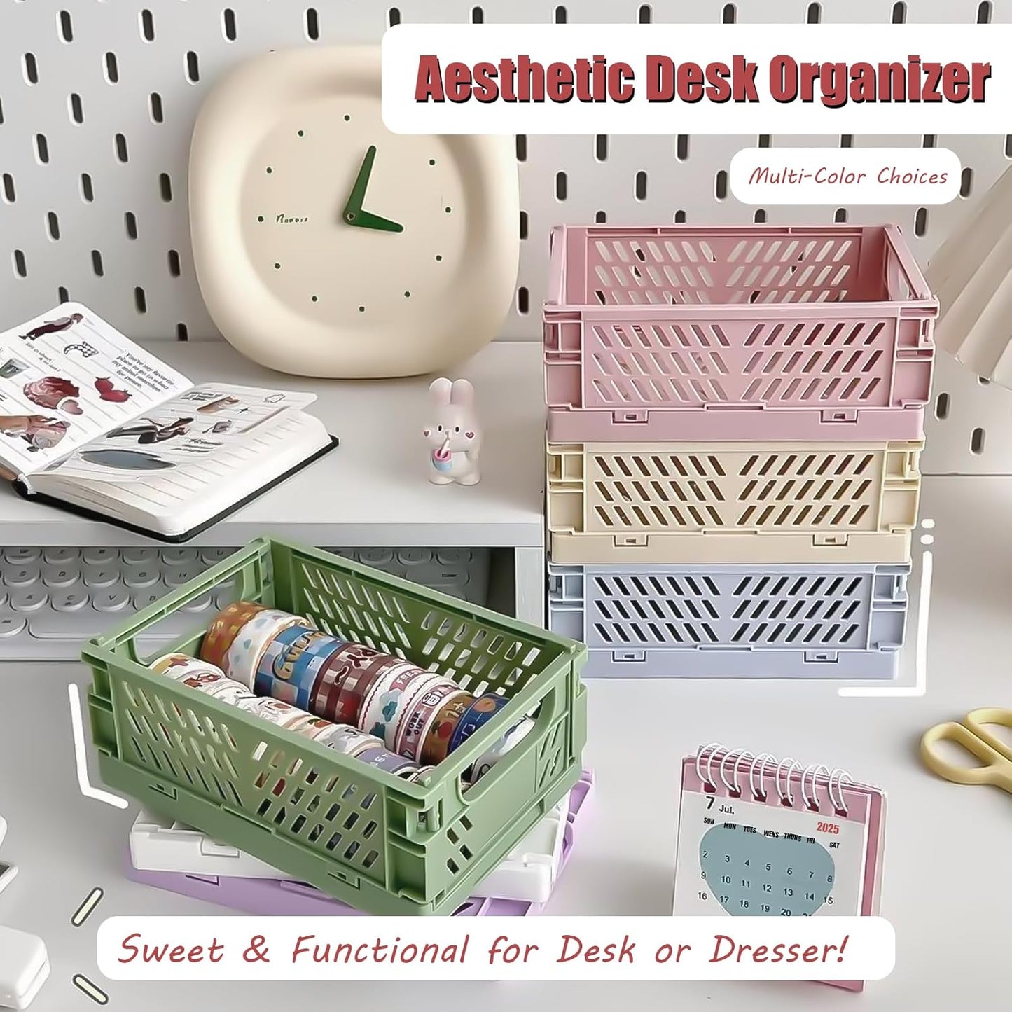 Small Pastel Plastic Storage Bins 2Pcs Foldable Pastel Crates Plastic Basket Colorful Storage Containers Baskets for Classroom Kitchen Office Bedroom Desktop Home Decor (Blue 5.8" x 3.8" x 2.2")