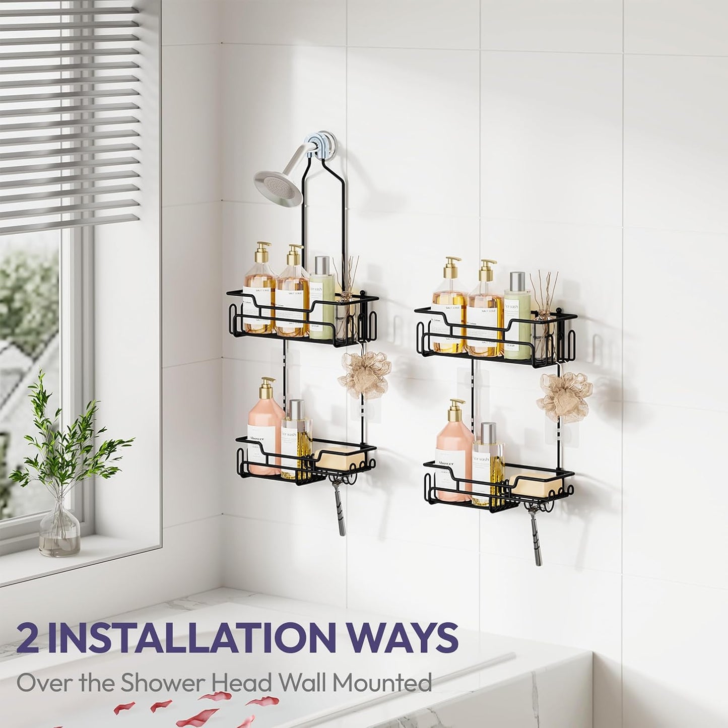 SWTYMIKI Bathroom Shower Caddy Hanging - Extended Length 2 Tier Rustproof Over Shower Head Organizer, No Drilling Bathroom Shelf with 14 Hooks & Soap Holder, Anti-Swing Rack, Black, Medium