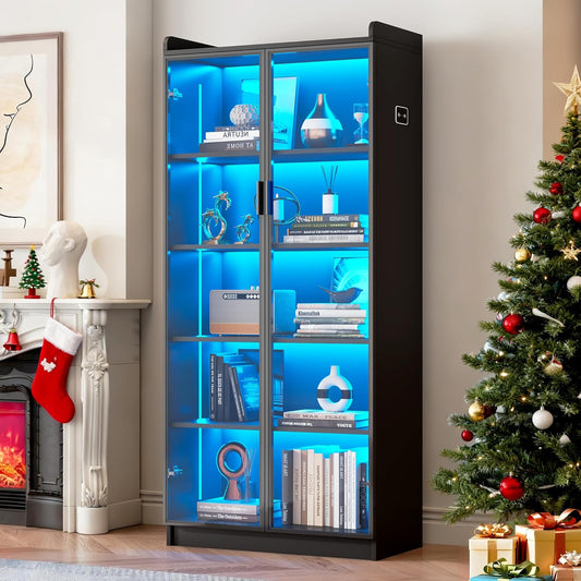 Display Cabinet with Glass Doors and Shelves, 65" Tall Curio Cabinet with LED Lights/Human Sensor, 5 Tier Display Case for Collectibles Bedroom Living Room Office, Black