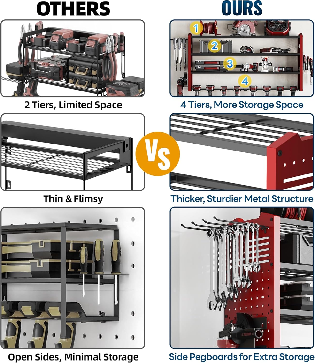 Tomorotec 4-Layer Wall-Mounted Power Tool Storage Rack, Heavy-Duty Steel Drill Organizer with Adjustable Shelves & Side Hooks for Toolbox, Easy Installation Garage & Workshop Storage (Red)