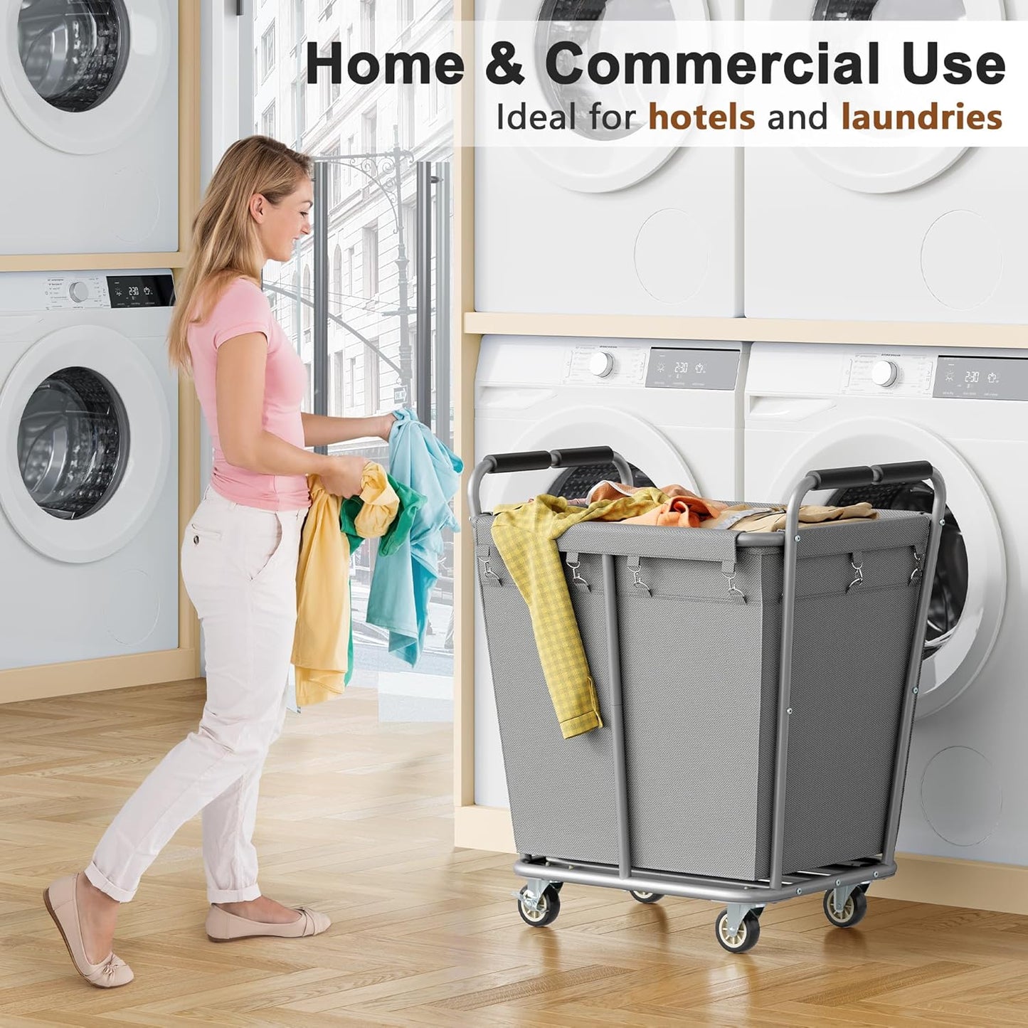 Hoctieon Large Laundry Cart with Wheels, 300L Heavy Duty Laundry Basket Organizer, Rolling Hamper Sorter for Clothes Storage, Industrial Dirty Clothes Hamper for Home & Hotel, Gray