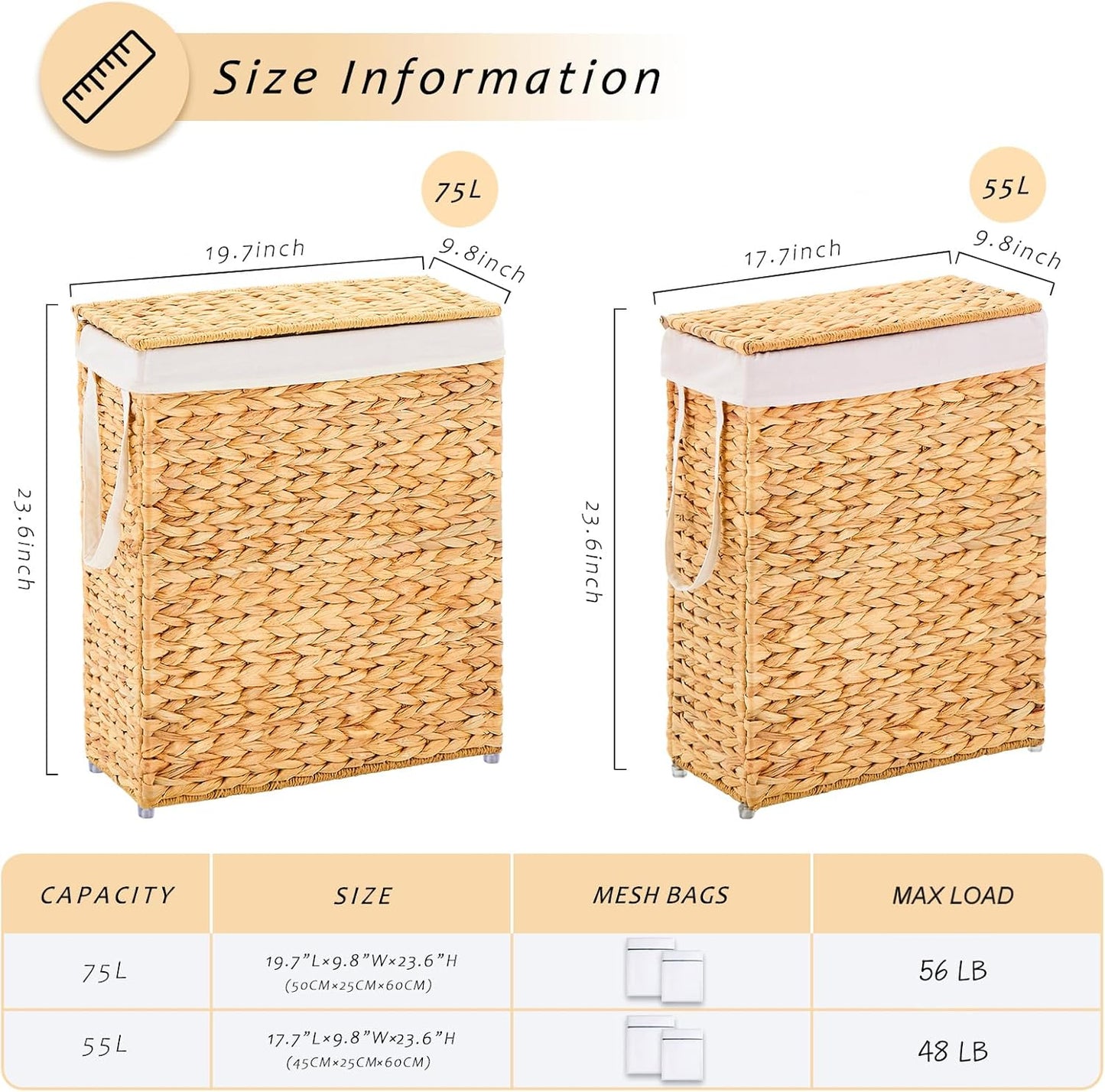 Handwoven Slim Laundry Hamper with Lid, 55L Natural Water Hyacinth Basket and Handles, Narrow Wicker Laundry Basket with Removable Liner Bag & 2 Mesh Bags