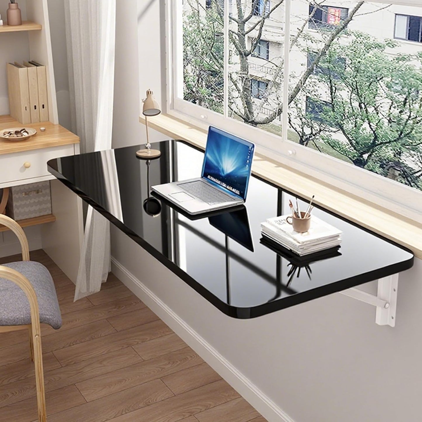 Wall Mounted Folding Table,Floating Desk for Wall,Hanging Fold Down Table for Home Laundry Room,Office Computer Workstation,Study Work Bench, Kitchen Dining (Black 27.6×15.7inch