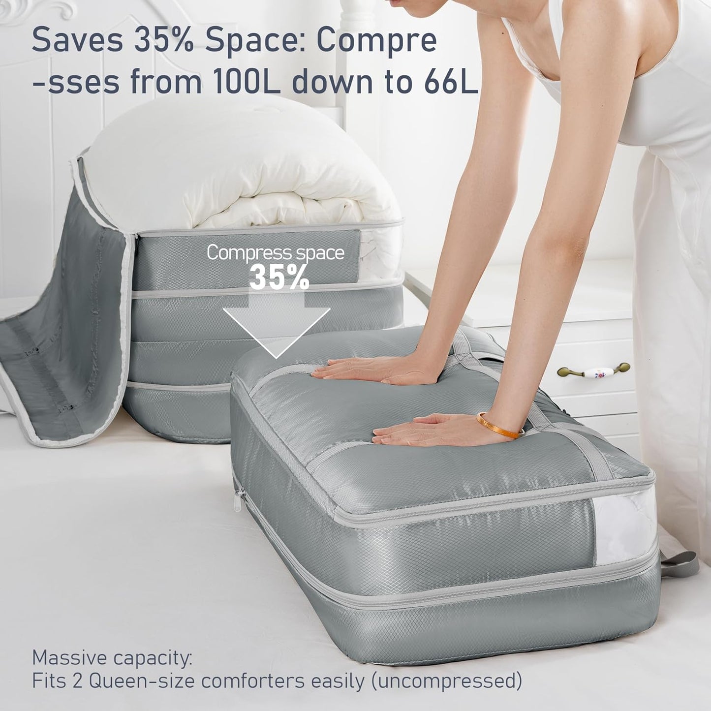 DIMJ Compression Moving Bags - Extra Large Heavy Duty Comforter Storage Bag with Window, Packing Totes With Strong Handles & Zipper, Space Saving Box Containers For Blanket, Clothes, Bedding, 2 Pack