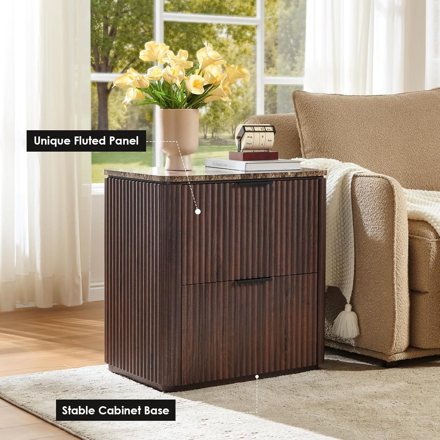 Fluted Nightstand with 2 Drawers, Bedside Table with Faux Marble-Top, Engineered Wood End Table with Curved Corners, Metal Handle, Modern Night Stand for Bedroom, Small Spaces, Dark Oak