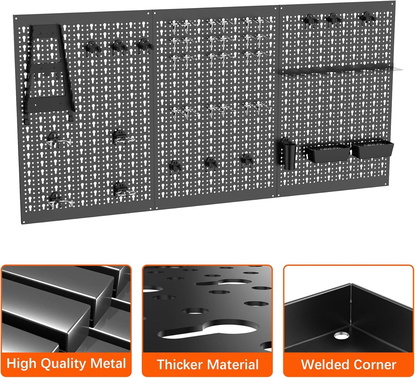 TORACK 3 PCS Metal Pegboard Panels for Garage Wall Utility Tools Storage Pegboard for Workbench, Modular Peg Board Tool Organizer Board Kit(Pack of 3, Black)