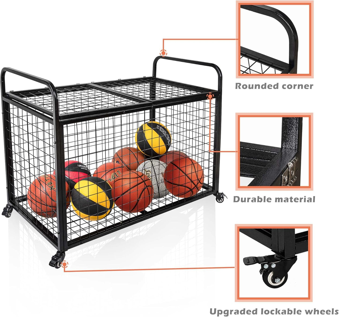 heodmaem Ball Cart Storage for Garage Compatible with Optional Divider, Extra Large Basketball Cage Bin for Indoor Outdoor, Heavy Duty Sports Equipment Organizer for Gym, School,Club