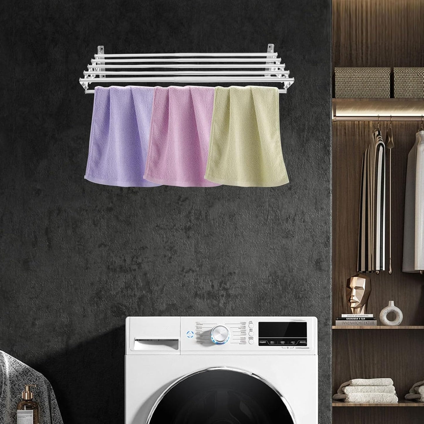 Wall Mounted Laundry Drying Rack, Retractable Clothes Drying Rack with Stable Base, Stretching Back, Forth, Left, Right, Folding Clothing Collapsible for Clothes Hanging