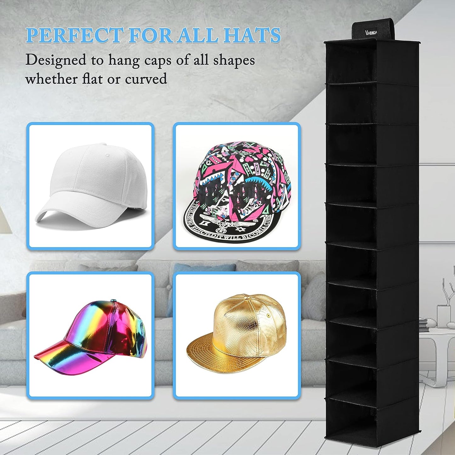 VAESIDA Hat Rack for Closet, 10 Shelf Hanging Hat Organizer for Baseball Caps Storage, Hat Holder Organizer for Hat Display, Best Space Saving Hat Racks for Baseball Cap Organizer, Black