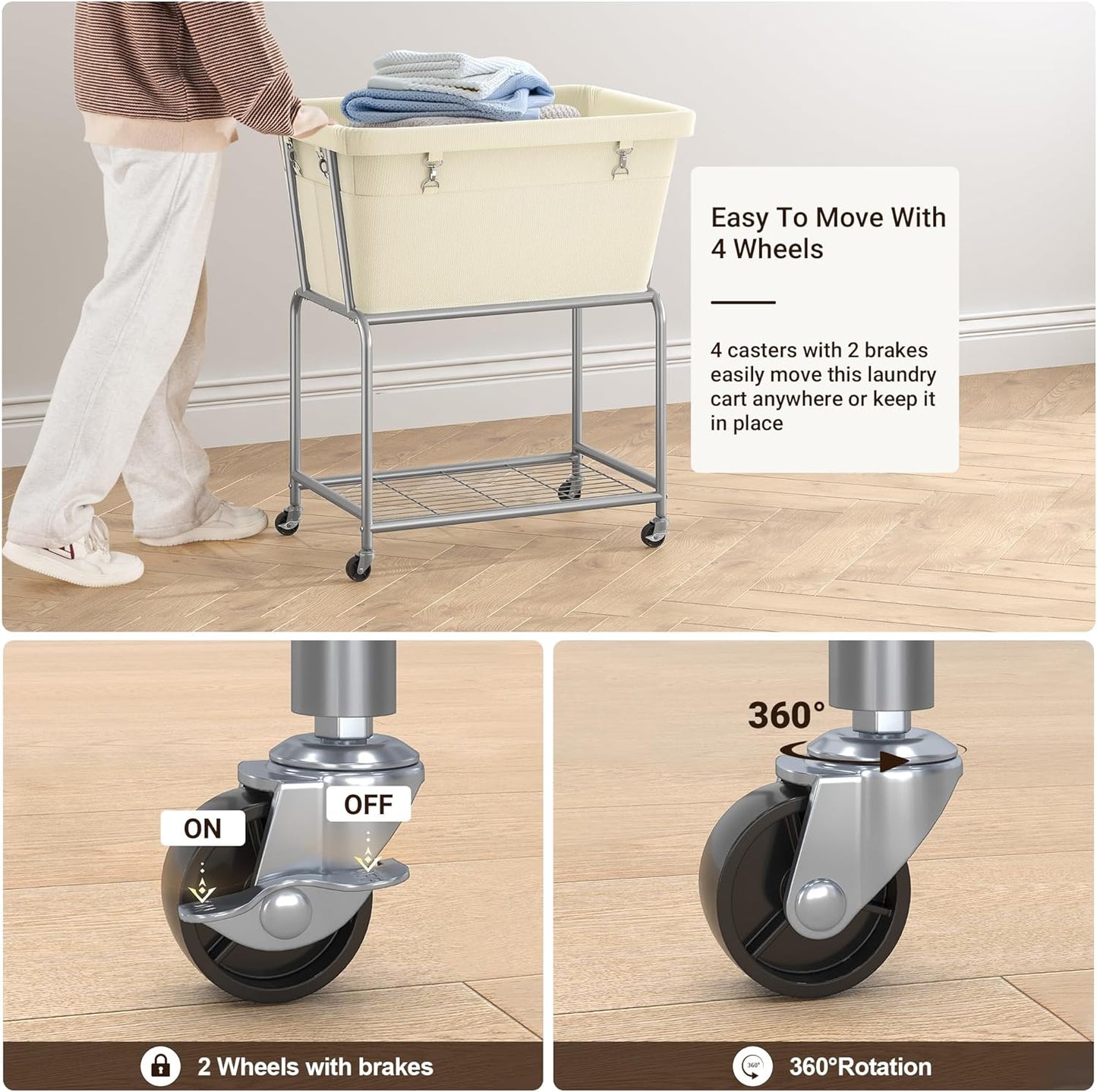 ELYKEN Laundry Cart with Wheels, Rolling Laundry Hamper with Removable Bag and Shelf, Metal Frame Laundry Basket with 4 Casters and 2 Brakes, Ideal for Bedroom, Bathroom, Laundry Room, Cream