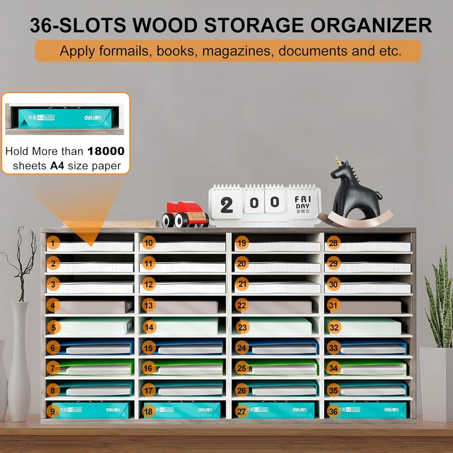 TQVAI Literature Organizer, Heavy Duty 36 Compartments Countertop Mail Organizer with Adjustable Shelves, Wooden Desk Paper Storage Organizer, Mailboxes Cubbies for Office, Classroom, Retro Grey/White