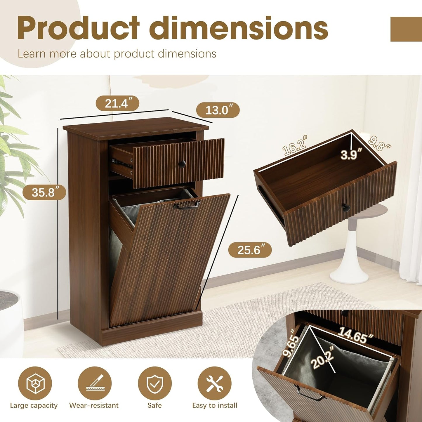 Grepatio Tilt Out Fluted Laundry Hamper Cabinet, 11 Gallon Hidden Laundry Hamper, Wooden Trash Can Cabinets with Drawer, Modern Garbage Can Cabinet for Bathroom, Kitchen, Living Room (Brown, Single)