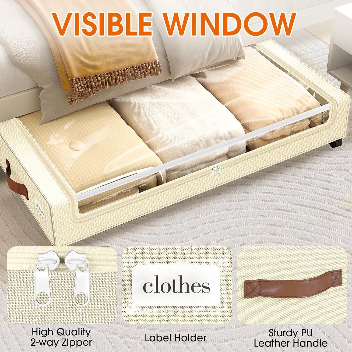 Under Bed Storage with Wheels 2Pack Underbed Storage with Clear Window&Label Under Bed Drawers Large Capacity Rolling Under Bed Storage for Clothes,Shoes, Blankets (Beige)