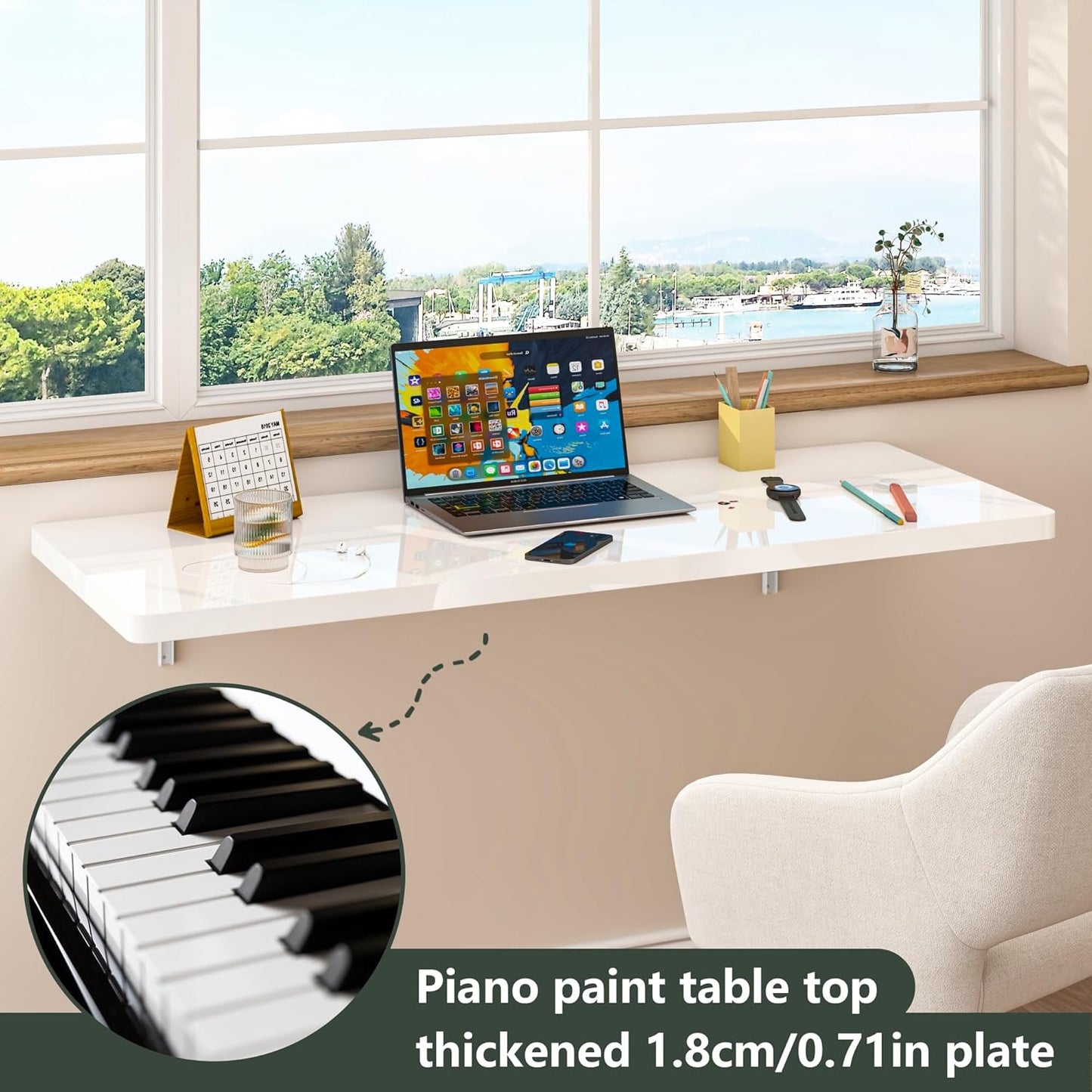 Clikuutory Wall Mounted High Gloss Folding Table, Wall Desk Fold Down for Small Spaces, Folding Workbench for Laundry Room, Home Office, Kitchen, Bedroom, Home Bar, White (47.2"×19.7")