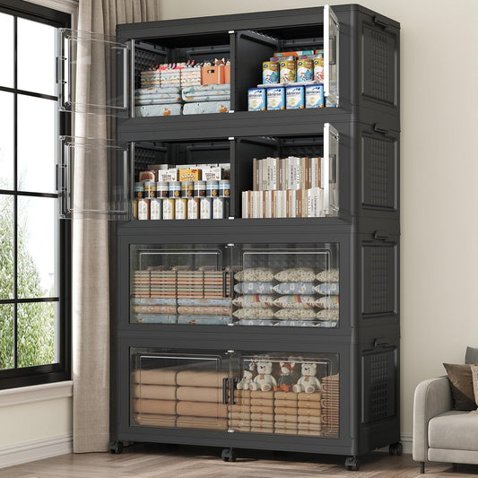 200Gal Stackable Storage Bins with Lid, 800Qt Extra Large Collapsible Storage Box with Wheels, Dividers, Folding Plastic Cabinet Closet Organizers for Home Kitchen Office Dorm, 4Pack Black