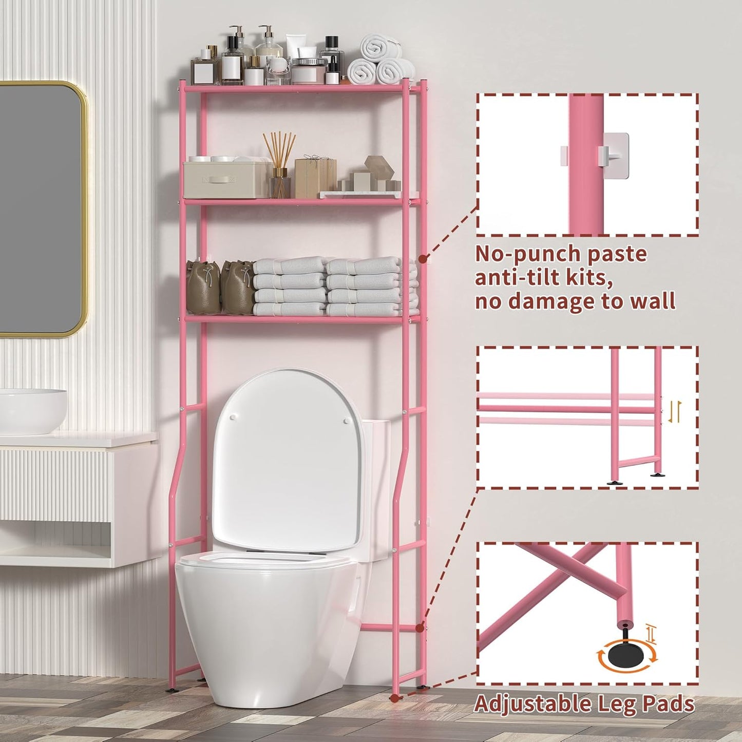 3-Tier Over The Toilet Storage, Freestanding Metal Bathroom Shelves, Space Saver Above The Over Toilet Storage Shelf for Bathroom (Pink)